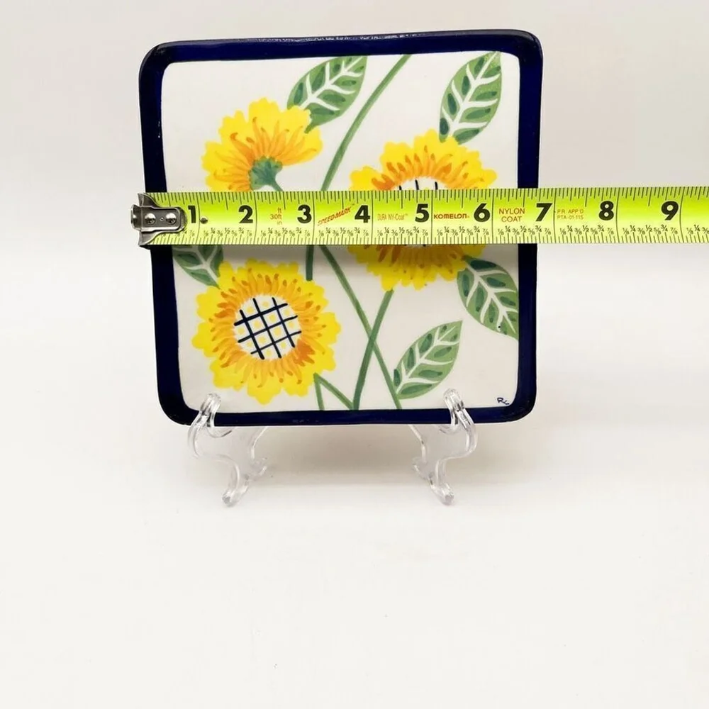 Mexican Pottery Handmade Tile Trivet Handpainted Sunflowers Square 7” Mexico‎